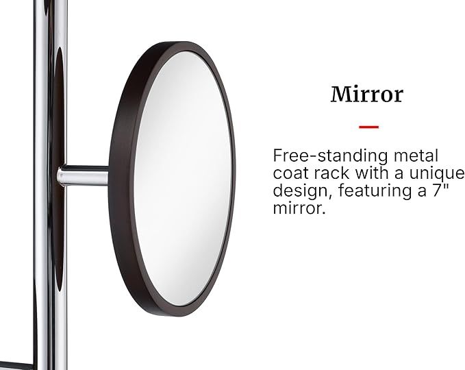 Proman Products Milano Silver Metal Freestanding Coat Rack, Coat Tree with 6 Walnut Color Hooks Included a 7" Mirror for Living Room, Bedroom, Entryway, Office, mudroom