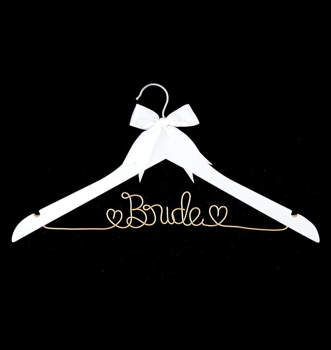 Bride to Be Wedding Dress Hanger Wooden and Wire Hangers for Brides Gowns, Dresses (White with Light Gold and Bow)