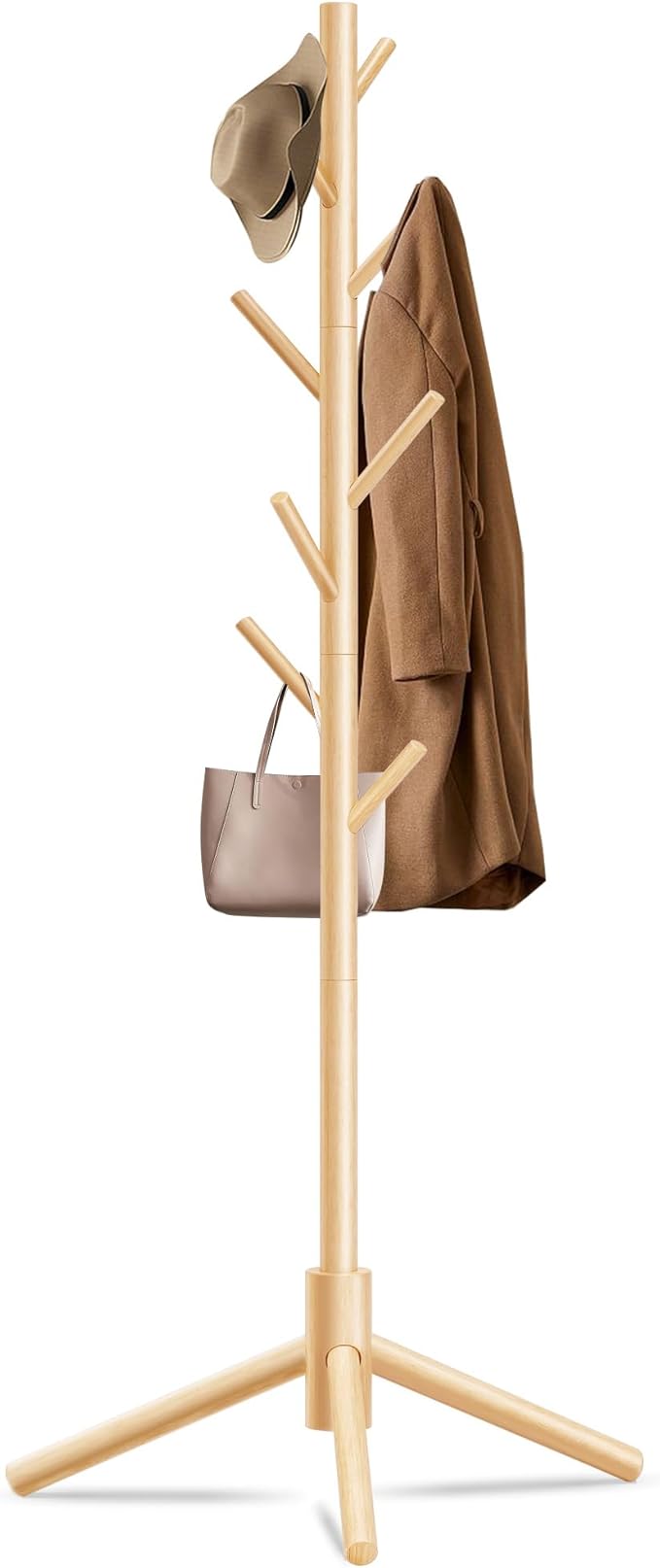 Durable Wooden Coat Rack, Freestanding Coat Rack with Stable Triangular Base, 8 Hooks & 3 Adjustable Heights, Simple Assembly for Bedroom, Hallway, Office(New Nature)