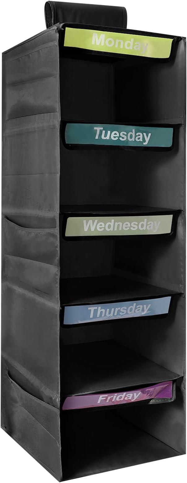 5-Shelf Weekly Clothes Organizer for Kids, Collapsible Hanging Closet Shelves, Baby Closet Organizers and Storage with 6 Side Pockets, Daily Clothing Divider for Boys and Girls (Black)