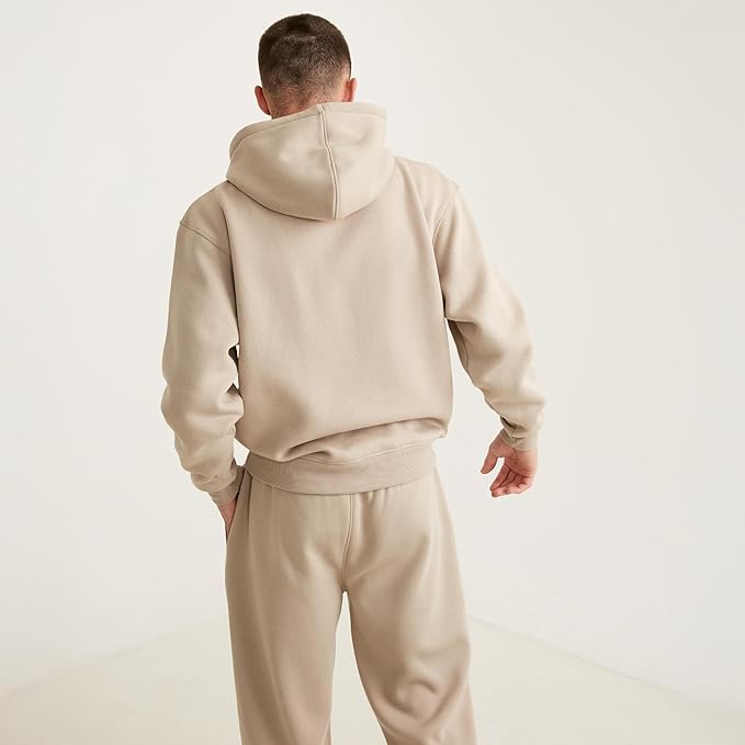 Six Stories | Hubby Embroidered Hoodie in Stone Beige | Soft & Cozy Fleece Pullover Loungewear Sweater