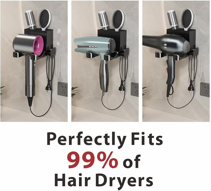 Hair Dryer Holder Wall Mounted with Self Adhesive, Mg-Al Alloy Blow Dryer Holder Compatible with Dyson Supersonic, Shark, Hair Dryer Organizer for Bathroom, Vanity, Bedroom (Black)