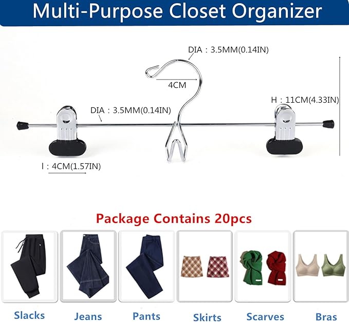 13 Inch Black Heavy Duty Add-on Stackable Metal Hanger for Trousers Pants Skirt with Extra Strong Clips Pack of 20