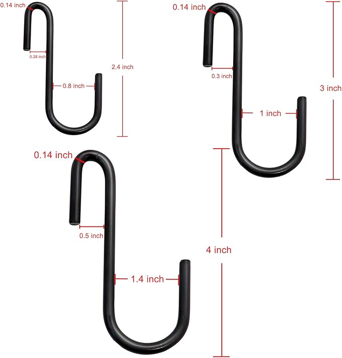 YourGift Heavy Duty S Hooks S Shaped Hooks Hanging Hangers Hooks for Kitchen, Bathroom, Bedroom and Office: Pan, Pot, Coat, Bag, Plants (24 pcs/Black/2.4 inch+3 inch+4 inch)