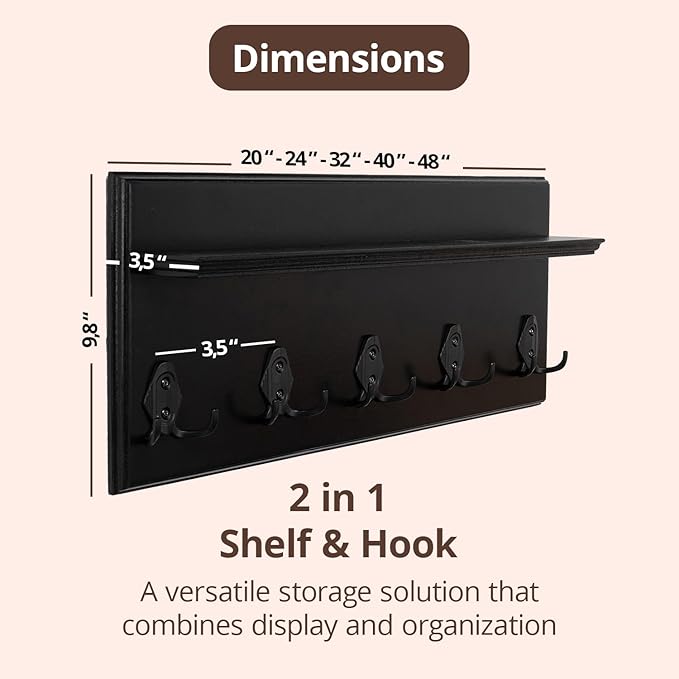 Rustic Wall Mounted Coat Rack with Shelf Wooden Entryway Organizer with 5 Metal Hooks for Coats Hats Towels Keys Floating Storage Shelf for Bathroom Bedroom (Black, 32 inch (6 Hooks))