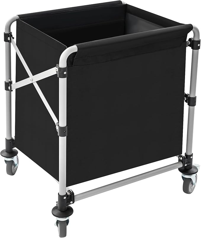 Commercial Laundry Cart, Laundry Basket with 360° Swivel Casters, Folding Laundry Cart Hamper on Wheels Heavy Duty Steel Frame 220 lbs Capacity Large Rolling Laundry Baskets Trucks (Black)