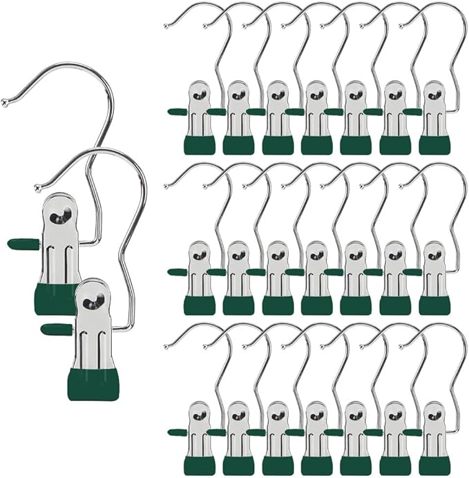 Hangers Clips,Stainless Multi Function Clip Hooks,Laundry Hanging Hooks Clips,Closet Hangers,Boot Clips， Hats Clips,Socks Clips,Pants Clips, Bras Clips (30, Dark Green)