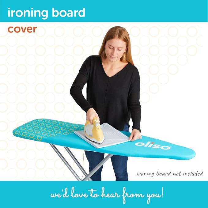 oliso Ironing Board Cover – 100% Cotton with Professional Felt Pad, Fits Standard 54" x 15" Boards – Secure Fit with Wide Elastic Edge & Adjustable Straps – Turquoise
