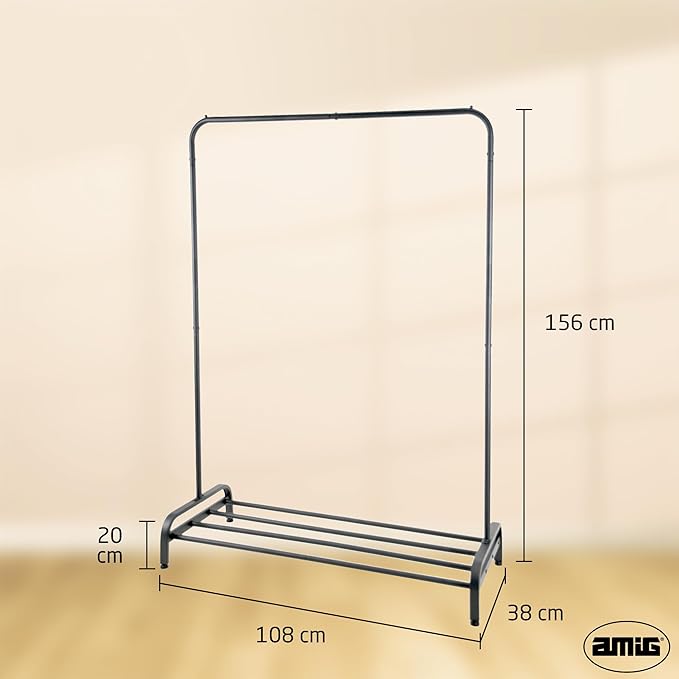 Amig - Ïken Clothes Rail | Organiser with Hanging Rail and Lower Shelf | 110x45x155 cm | Matte Black Metal | Ideal for Bedroom, Hallway, or Entryway