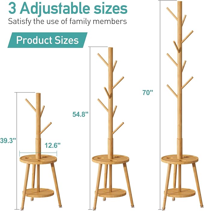 Coat Rack, Bamboo Wood Coat Freestanding with Umbrella Holder, Adjustable Height Coat Stand with 8 Hooks, kids coat rack, Used In The Bedroom Living Room, Office To Hang Clothes, Hats, Bags (Natural)