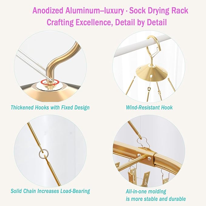 Underwear Hanger for Drying with 26 Non-Slip Clips - Aluminum Hanging Drying Rack for Socks, Lingerie & Baby Clothes | Oval Design & Wind-Resistant Hooks (Rose Gold) - 2 Pack