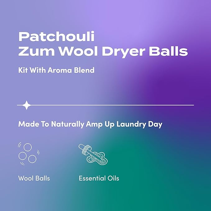 Indigo Wild Zum Laundry Dryer Balls Kit - Wool Laundry Balls for The Dryer - Essential Oil Spray - Reusable Drying Balls for Laundry - Patchouli - (3 Dryer Balls, 1 Aroma Blend)