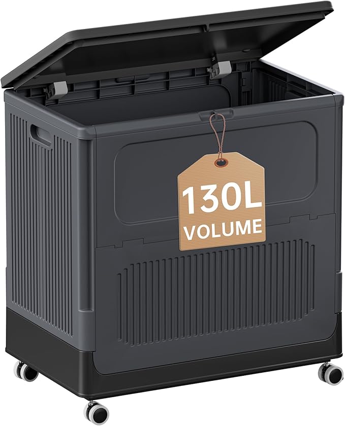 HAIXIN HOME 130L Rolling Laundry Hamper with Lid, Large Plastic Laundry Basket for College Dorm, Foldable Stackable Dirty Clothes Hamper Organizer for Industry, Bedroom, Living Room, Bathroom - Black