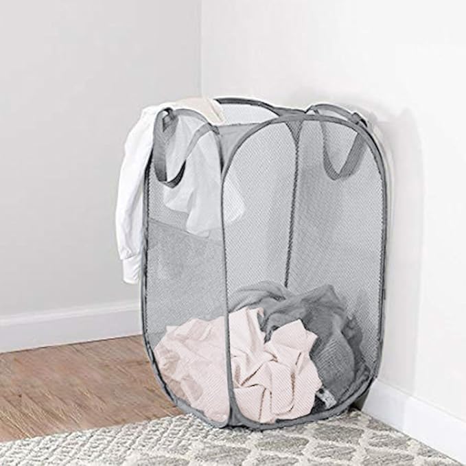 Mesh Pop Up Laundry Hamper, Collapsible Laundry Baskets, Foldable Clothes Hampers for Bathroom, College Dorm, Travel, Gray