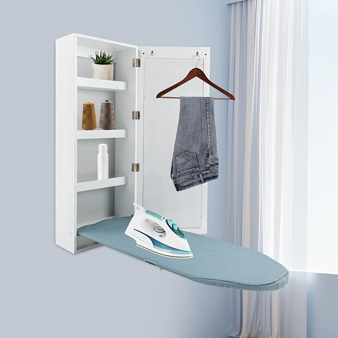 Wall Mounted Ironing Board Cabinet with Mirror, Built in Garment Ironing Surface Ironing Board with Foldable Storage Cabinet for Home Apartment Small Spaces (Style2)