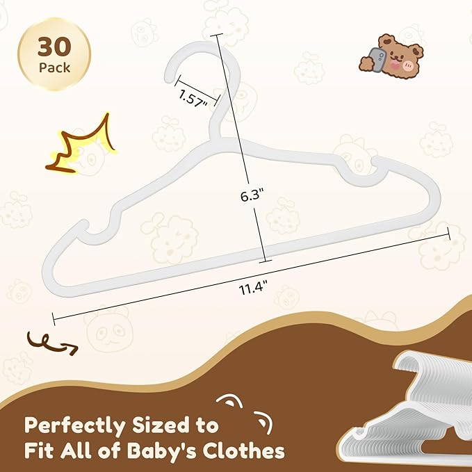Plastic Kids Hangers - 30 Pack Non-Slip Baby Clothes Hangers for Closet, Toddler & Newborn Clothing Pants, Skirts, Coats (White)