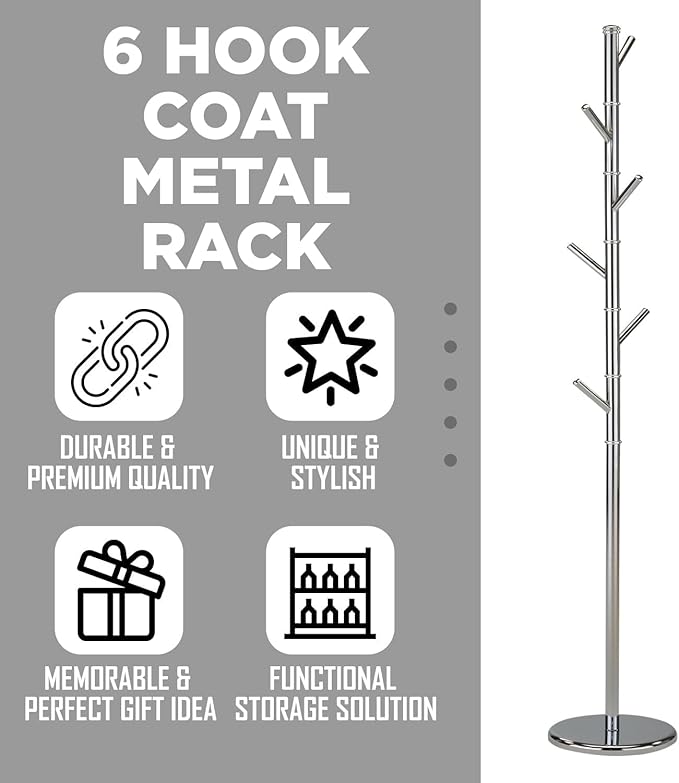 KB Designs - 6 Hook Metal Standing Coat and Hat Hanger Organizer Rack, Chrome