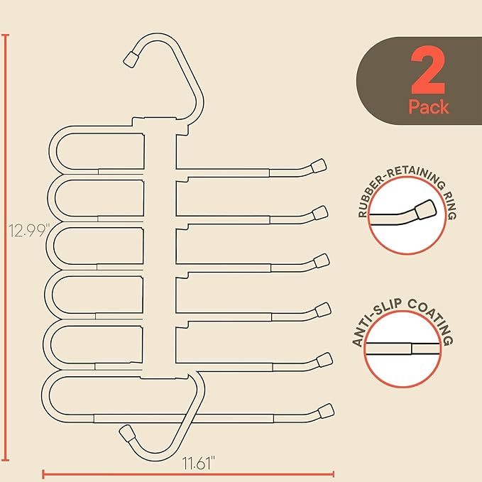 Black Space Saving Pants Hangers 2 Pack, 6 Layer Jeans Hangers and Closet Organizer for Jeans, Scarves, Skirts, Multi-Layer Hanger with Anti-Slip Coating & Stopper, Heavy-Duty S-Type Stainless Steel