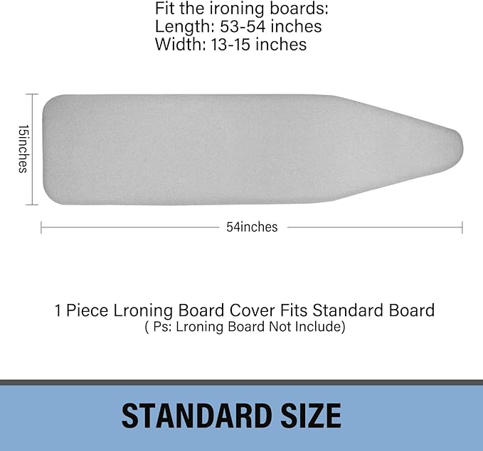 Iwtmm Ironing Board Cover and Pad with Silicone Coating, Thick Scorch-Resistant Padding, Heavy Duty for Home & Professional Use, Fits 15 x 54 Inches Boards, Secure Hook & Loop Fastener (Gray)