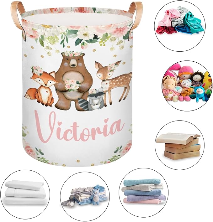 Personalized Laundry Basket, Custom Gift Laundry Hamper, Collapsible Nursery Waterproof Laundry Baskets, Dirty Clothes Toy Hamper with Handles Pretty Floral Woodland Animals