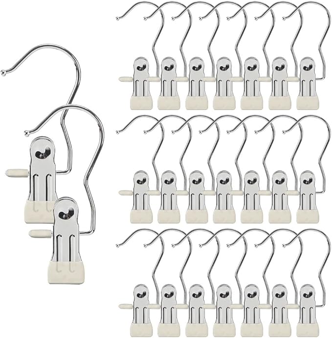 Hangers Clips,Stainless Multi Function Clip Hooks,Laundry Hanging Hooks Clips,Closet Hangers,Boot Clips， Hats Clips,Socks Clips,Pants Clips, Bras Clips (30, Rice-White)