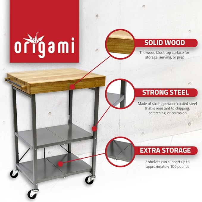 Origami Foldable Kitchen Island Cart, Rolling Storage Table Organizer with Wheels, Silver
