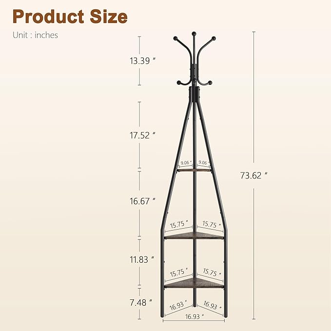 Hoctieon 3-Tier Coat Rack Freestanding with Shelves, Industrial Coat Stand with Storage, Mordern Coat Tree Free Standing for Clothes, Hats, Bags, Grey