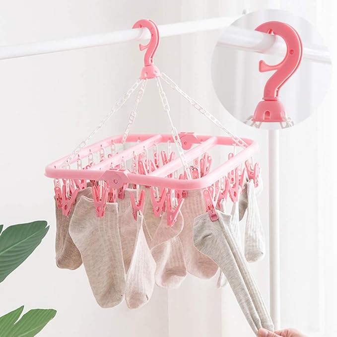 Clip and Drip Hanger Clothes Hanger Drying Rack 32 Clips (Pink)