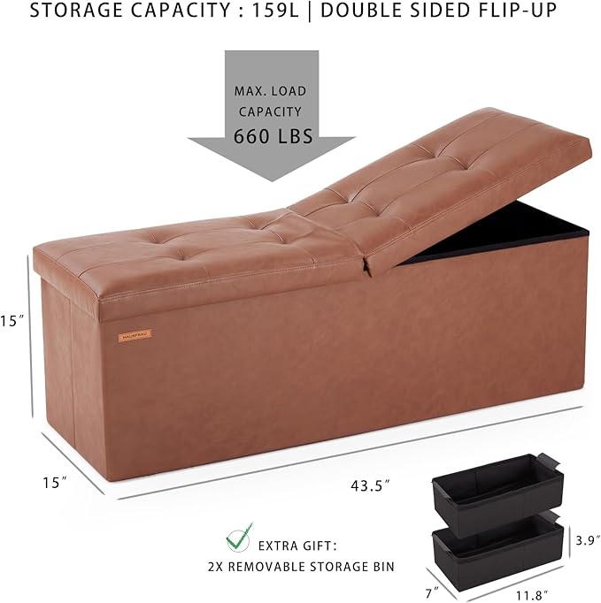 HAUSFRAU Storage Ottoman Bench with Flipping Lid, 43.3 Inches Storage Chest Footsrest, Folding Foot Stool for Entryway, Living Room, Bedroom, Linen Black