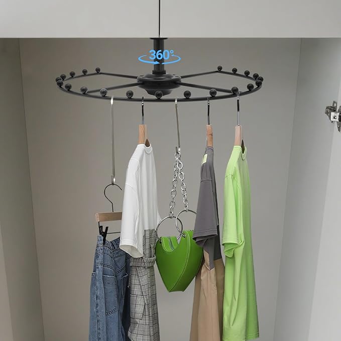 Round Closet Rod, 360° Rotating Clothes Hanger for Wardrobes, Black Heavy Duty 66 lbs Capacity Metal Closet Organizer with Iron Balls, Space Saving Storage Solution for Cloakroom