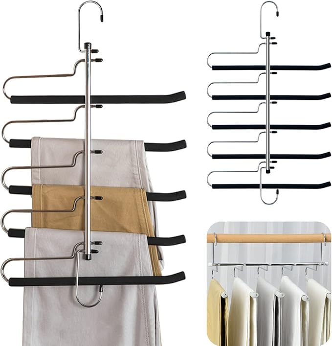 Space Saving Pants Hangers Heavy Duty Magic Slacks Jeans Trouser Hanger, Non-Slip Foam Padded 5 Layers, Multi-Purpose Premium Metal Closet Storage Organizer for Scarf and Ties Leggings (2 Pack)