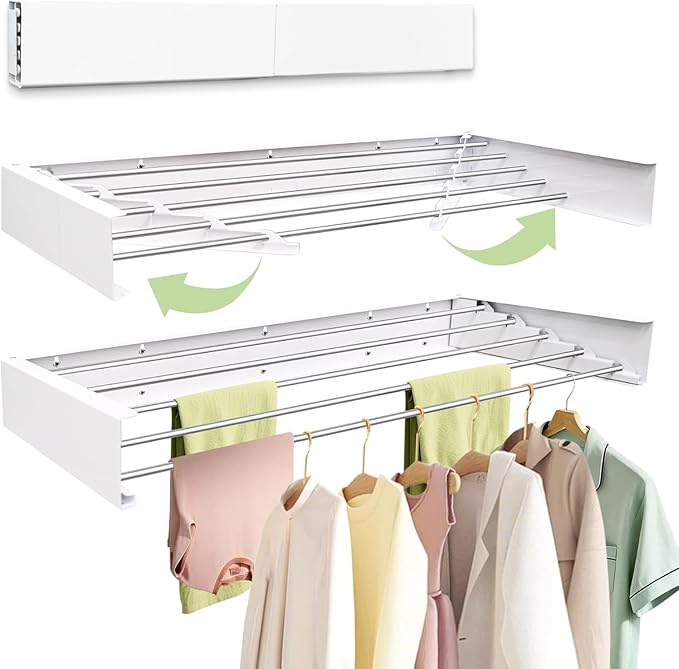 Wall Mounted Drying Rack 31.5'', Foldable Wall Clothes Drying Rack, Space Saving Laundry Drying Rack, Heavy Duty Clothes Drying Rack 5 Rods, Collapsible Clothing Rack for Bathroom Balcony