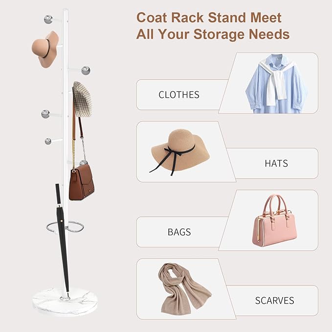 Modern Metal Coat Rack Stand, Coat Rack Freestanding with Natural Marble Base,Sturdy Heavy Duty Coat Racks with 8 Hooks, White Coat Hall Tree Stand for Entryway, Office