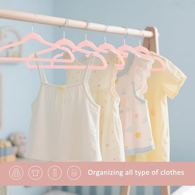 ManGotree 14 Inch Kids Velvet Hangers for Closet, Ultra-Thin Space Saving Children's Clothes Hangers, Non-Slip Felt Toddler Hanger for Youth's Clothes (66 Pack, Light Pink)
