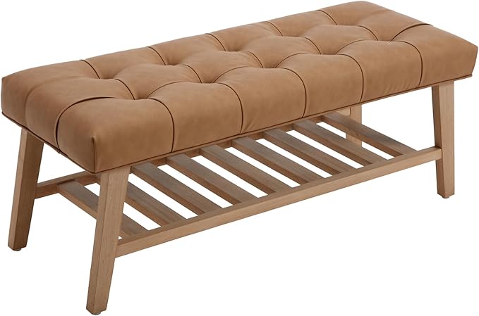 Entryway Shoe Bench Storage Benches with Upholstered Button Tufted Seat and Open Slatted Shelf PU Leather Ottoman Bench for Hallway Living Room Bedroom End of Bed, Brown