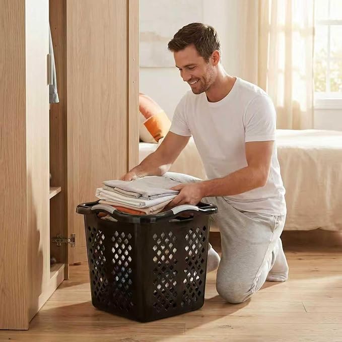 2-Pack Ultra Easy Carry Plastic Laundry Hamper, 2 Bushel Lamper Plastic Laundry Basket with Silver Handles,Dirty Clothes Laundry Hamper Bin for Home, Apartment（Black)