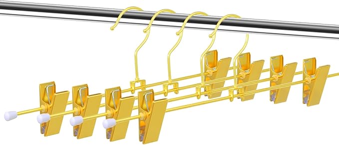 10 Pack Shiny Gold Metal Hangers 12 Inch Gold Pants Skirts Hanger with 2 Adjustable Non Slip Clips and Swivel Hook Sturdy Skirt Hangers with Clips for Skirts Slacks Jean Trousers