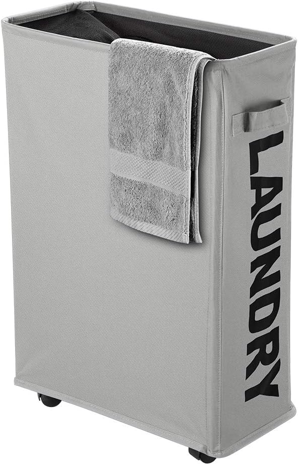 Slim Rolling Laundry Basket with wheel, IHOMAGIC Rectangle Storage Hamper - Thin Laundry Basket Corner Fittable Laundry Bin Flexible Laundry Sorter For Dormitory, Hotel, 39x18.5x58cm 41L, Light Gray