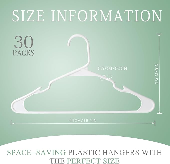 30 Pack White Plastic Clothes Hangers with Shoulder Grooves, Durable Space Saving Adult Clothing Hanger for Coat Shirt Skirt Dress, Light Weight Closet Organizer for Home College Dorm Laundry