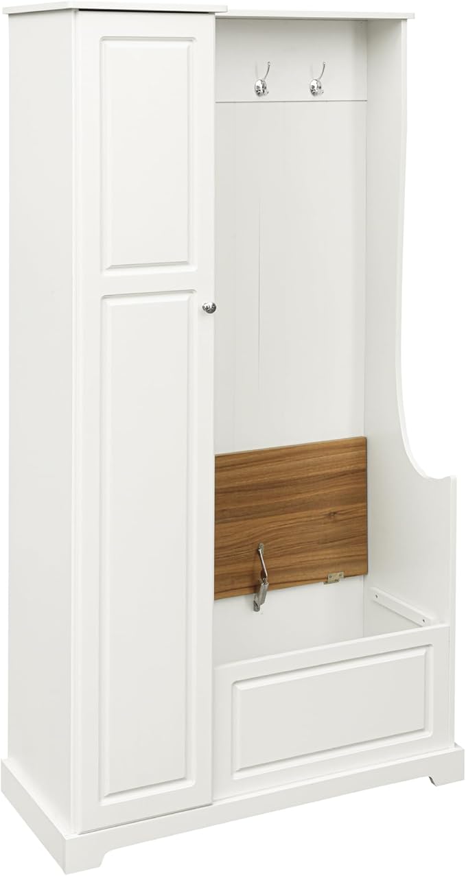 Versatile Design Hall Tree with Flip-Up Bench, 4-in-1 Minimalist Hallway Coat Hanger Shoe Cabinet with Adjustable Shelves, Entryway Coat Rack with Hanging Hooks for Entryways, Mudroom (White-35)