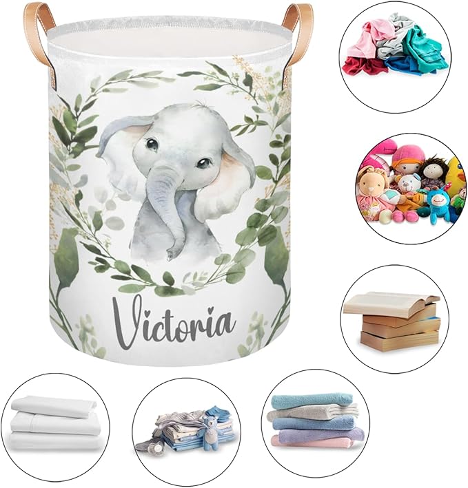 Personalized Laundry Basket, Custom Gift Laundry Hamper, Collapsible Nursery Waterproof Laundry Baskets, Dirty Clothes Toy Hamper with Handles Jungle Elephant