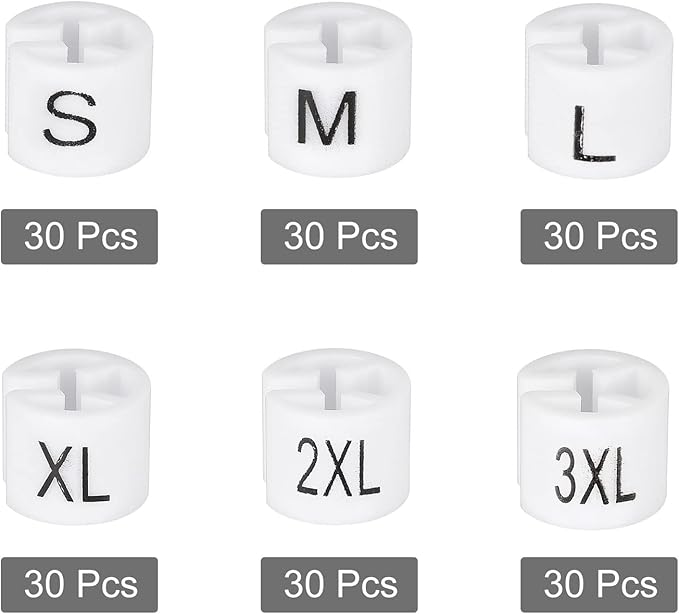 MECCANIXITY Clothes Hanger Marker S/M/L/XL/XXL/3XL Size Tag Fit 3.5mm Rod for Garment Clothing Color Coding, 180 Pcs