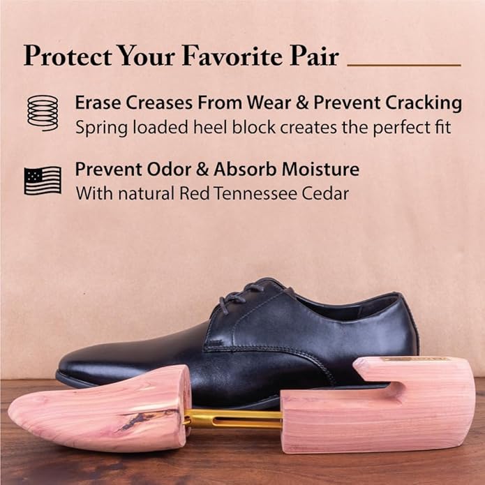 FootFitter Cedar Shoe Trees for Men & Women, Split Toe, Wide Heel, Premium Wood Shoe Shaper & Odor Control, USA Cedar (DW29)