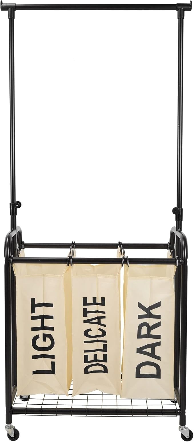 Oceanstar 3-Bag Rolling Laundry Sorter with Adjustable Hanging Bar, White