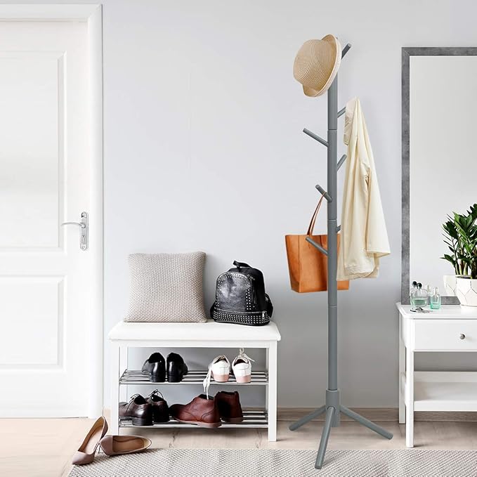Tangkula Coat Rack Freestanding, Rubber Wood Coat Stand with 8 Hooks, Height Adjustable Entryway Coat Tree Coat Hanger Stand for Home Office Hall Entryway