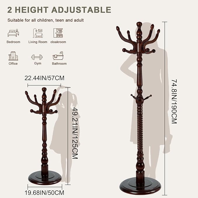 Wooden coat rack stand, Heavy duty coat racks tree freestanding with 11 Hooks and Sturdy Round Base, Coat tree for jacket,Hats, Bags, Purses, clothes (Round base-Dark brown)