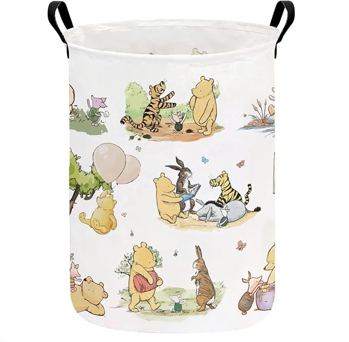 Greatingreat Winnie Baby Laundry Basket, Foldable Small Hamper with Canvas & PE Coating, Collapsible Portable Clothes Organizer for Nursery, Home, Bedroom Storage (White)