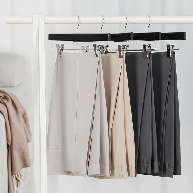 TOPIA HANGER Lotus Wood Pants Hangers, Black Wooden Skirt Short Jeans Trouser Hanger with Smooth Surface 360° Swivel Hook Anti Rust 2 Adjustable Clips, 10 Pack, CT10PB