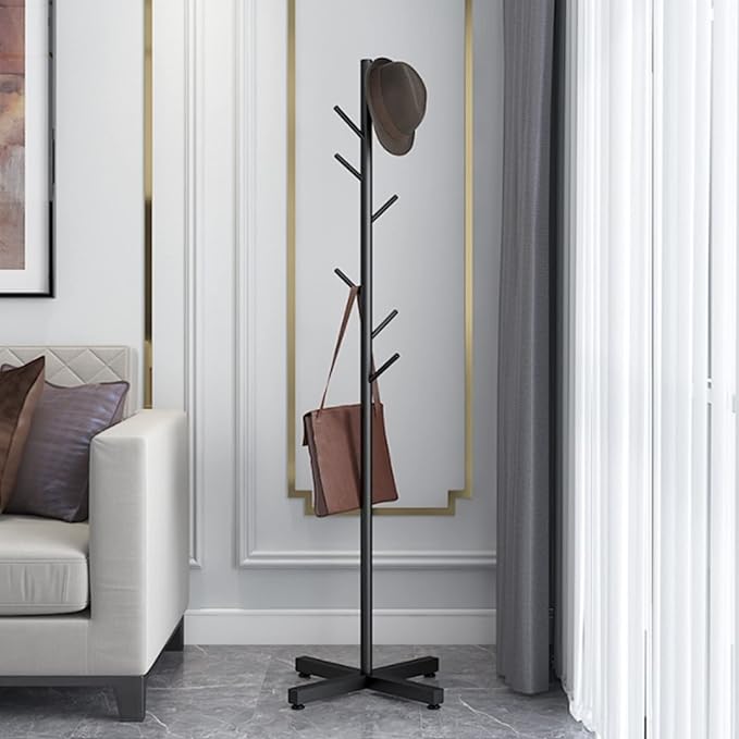 Metal Coat Rack Free Standing 7 Hooks Coats Jacket Stand Hanger Holder Black Coat Tree Corner Rack Stand Entryway Bedroom Office Organizer for Coats Hats, Clothes, Handbags, Umbrella (Black)