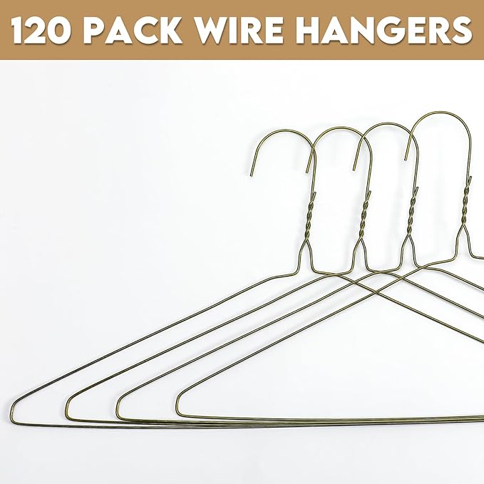 120 Pcs Wire Hangers Bulk 16" Dry Cleaner Hangers for Clothes Caped Clothing Pants(Classic,Gold)